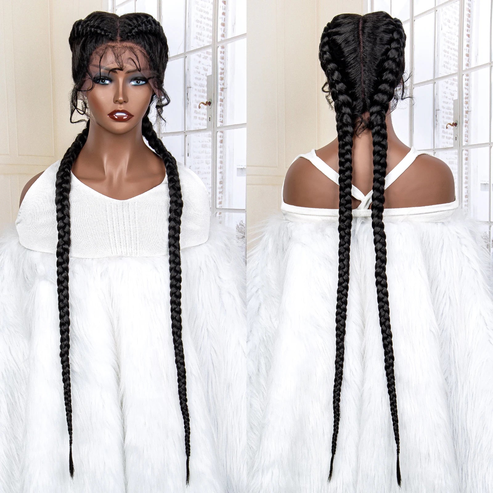 36 Inches Cornrow Braided Wigs Synthetic Lace Front Braids Wigs for Black Women Long Lace Wigs Double Braid Knotless