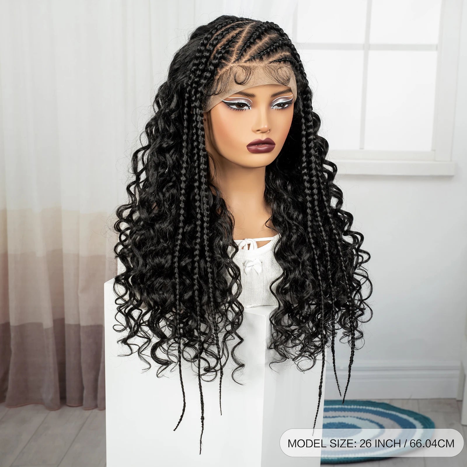 26Inch Cornrow Braided Wigs 13x6 Transparent Lace Front Deep Wave Hair Wigs Synthetic Kinky Curly Brazilian Hair Wigs for Women