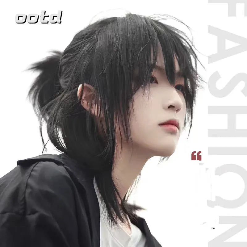 Short Mullet Head Wigs with Bangs Synthetic Straight Anime Men Black Hair Wig for Daily Party Cosplay