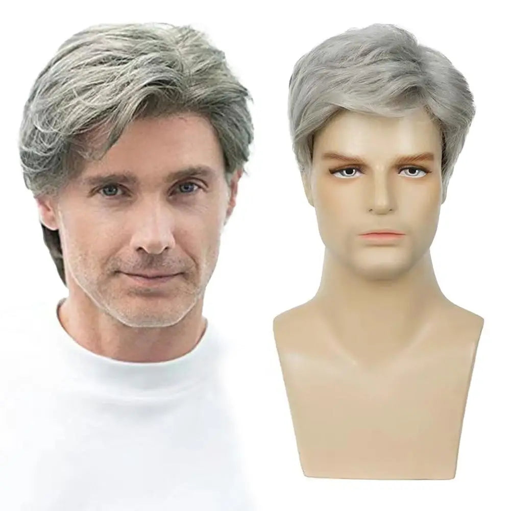Men's Fashion Wig with Side Swept Bangs - Short Straight Hair Synthetic Full Wig for Men, European Style Ready to Wear