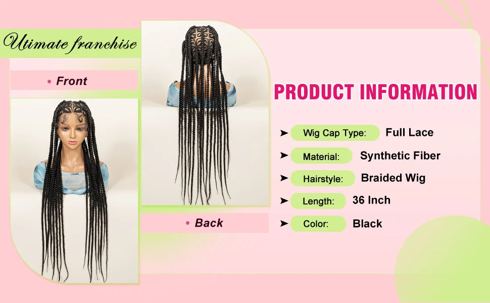 Synthetic Cornrow Braided Wigs Protective Lemonade Braids 36 inches Full Lace Braided Wig for Black Women