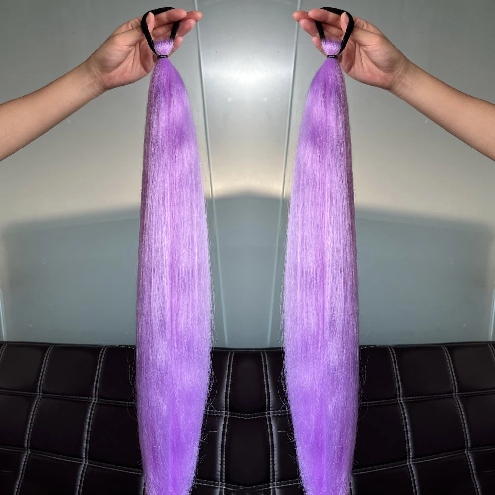 Synthetic Colorful Ponytail Extension 2Pcs Long Straight DIY Braided Pony Tail Hairpiece with Rubber Band Women Hair Accessories
