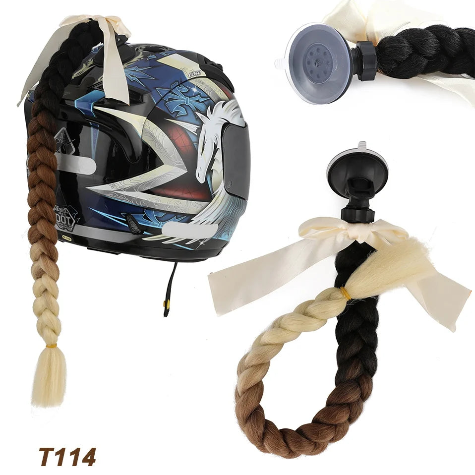 Benehair Syntheitc Helmet Pigtails Gradient Ramp Helmet Braids Ponytail Hair with Suction Cup with Bowknot for Motor Bike 1PCS