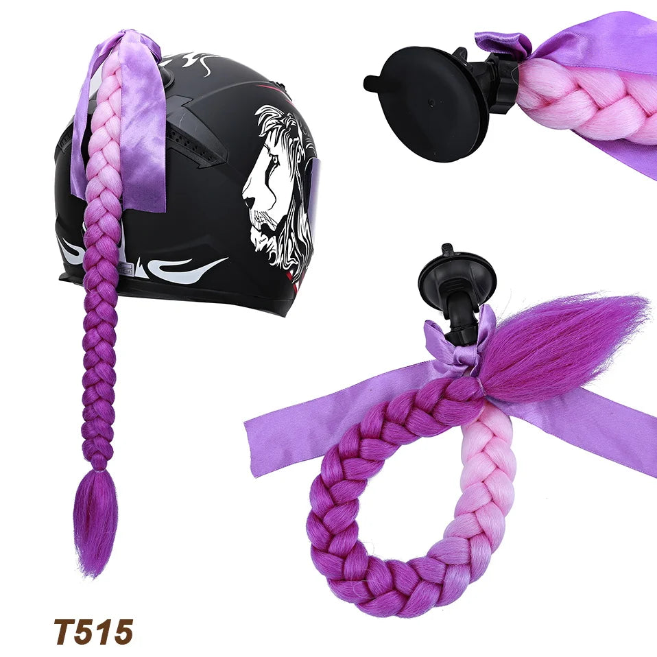 Benehair Syntheitc Helmet Pigtails Gradient Ramp Helmet Braids Ponytail Hair with Suction Cup with Bowknot for Motor Bike 1PCS