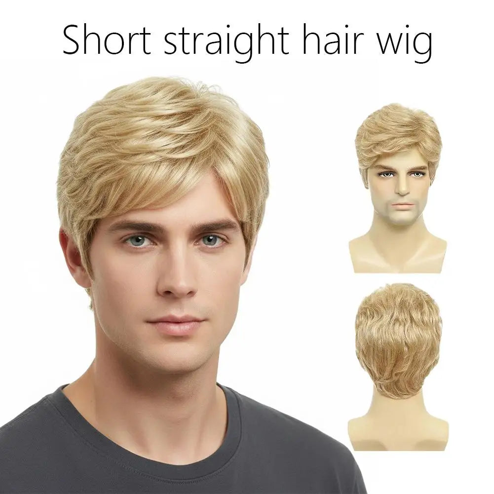 Men's Fashion Wig with Side Swept Bangs - Short Straight Hair Synthetic Full Wig for Men, European Style Ready to Wear