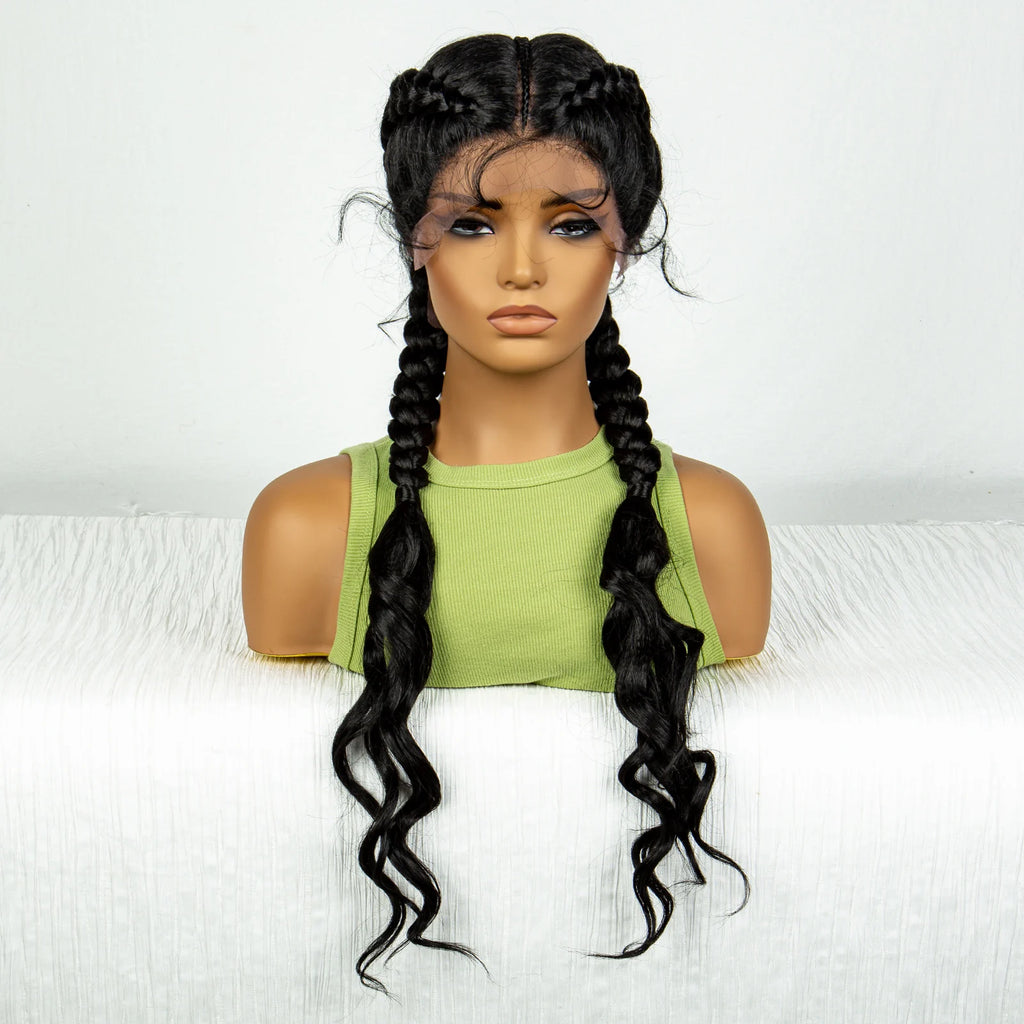 Synthetic Cornrow Braided Wigs with Curly Wave for Women Lace Frontal Afro Hair Braids Wig with Baby Hair for Girls 30 Inches