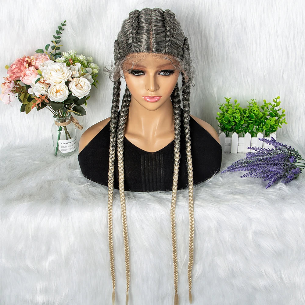 27/613 Color 36 Inches Synthetic Cornrow Braided Wigs for Black Women with Baby Hair Lace Frontal Box Braids Wig Daily Use