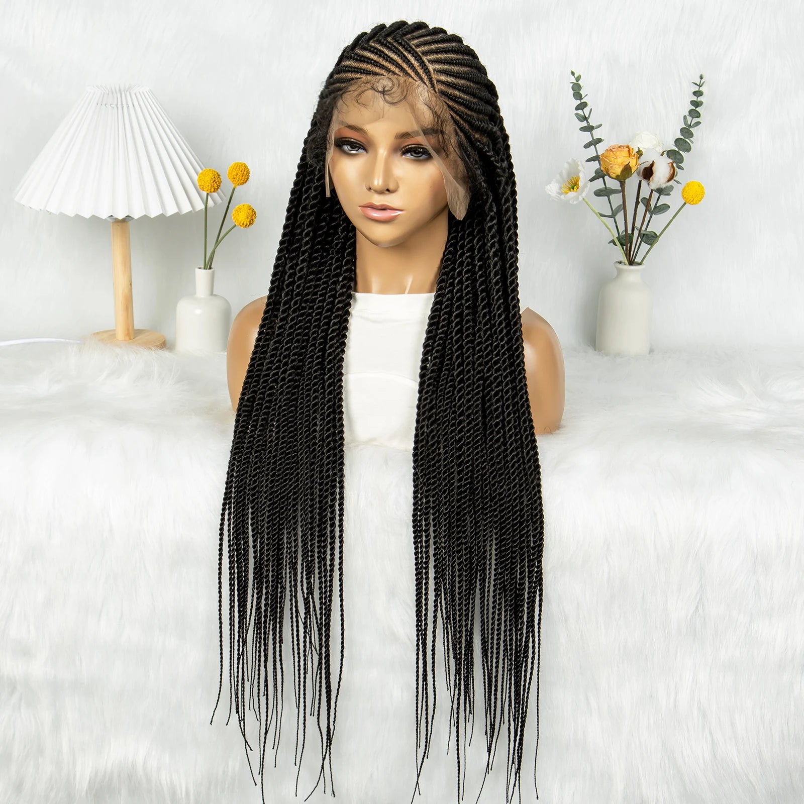 32Inch Cornrow Braided Wigs Synthetic Box Braids Wig Full Lace  Braided Wig for Black Women Blended Lace Front Braiding Hair Wig