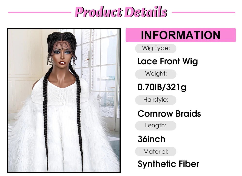 36 Inches Cornrow Braided Wigs Synthetic Lace Front Braids Wigs for Black Women Long Lace Wigs Double Braid Knotless