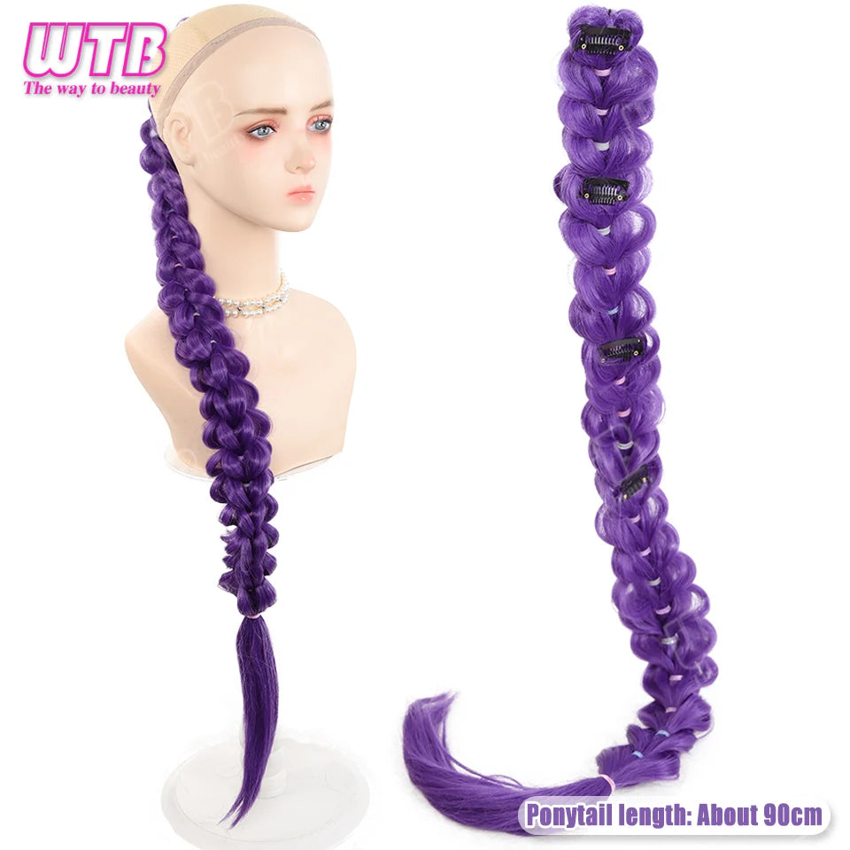 26 inch Purple Braids Ponytail Rubber Band Pre Braiding Hair Synthetic Purple Hair Extensions for Halloween Costume Cosplay