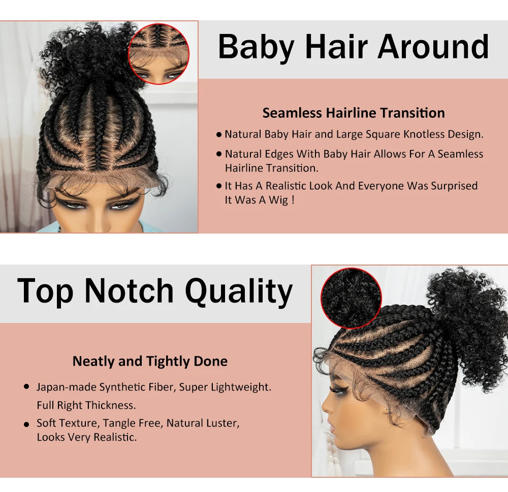 Cornrow Braided Wigs Synthetic Full Lace Braids Wig with Baby Hair Short Afro Curly Knotless Braided Lace Wig for Black Women