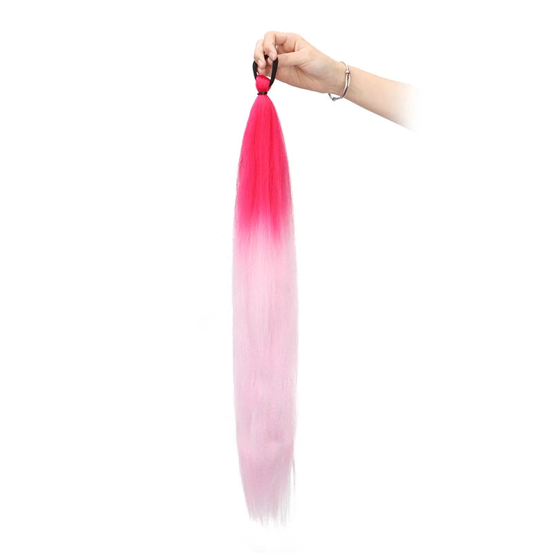 26Inch Synthetic Ponytail Extension with Elastic Tie Hair Band Long Yaki Straight Colored Braiding Ponytail Ombre Colors
