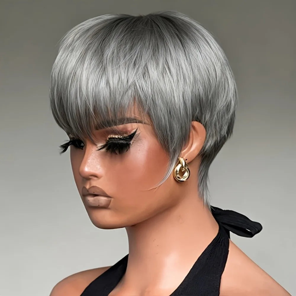 Human Hair Wig - Short 6-Inch Pixie with Gray# Color, 150% Density Natural Look,full machine made wig for Casual Attire & for ha