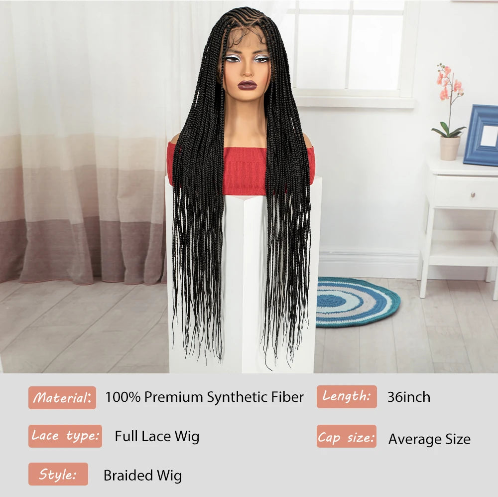 Cornrow Braided Wigs 36in Synthetic Full Lace Braiding Hair Wigs Knotless Lace Frontal Braids Wig with Baby Hair for Black Women