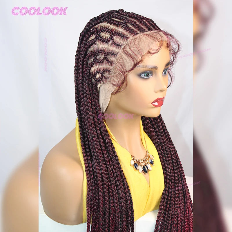 1BBurgundy Cornrow Braids Hair Wigs Synthetic Braided Wigs For Women 36" Knotless Box Braid Wig Full Lace Cornrow Braided Wigs