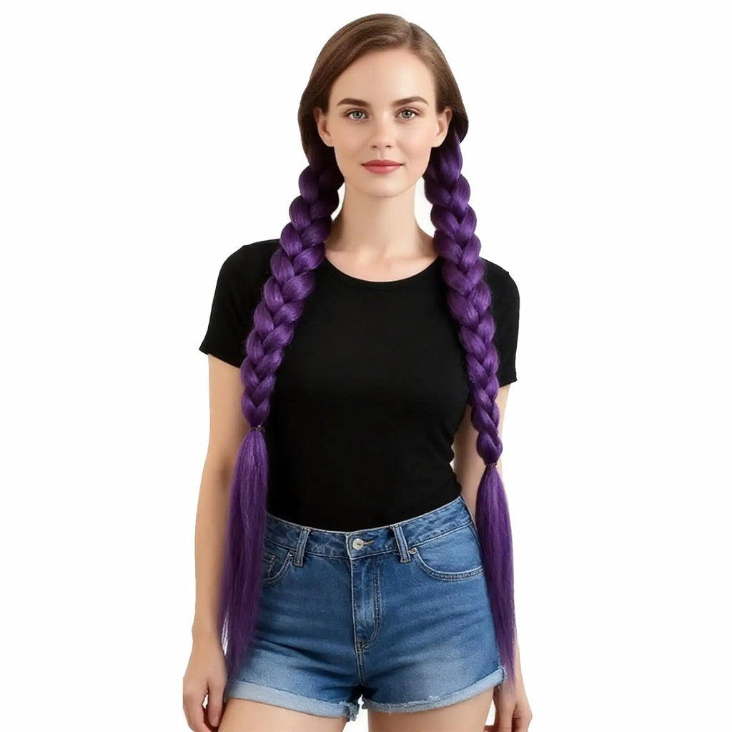 2PC Synthetic Purple Ponytail Extension with Rubber Band Long Straight DIY Braided Pony Tail Hairpiece Women Hair Accessories