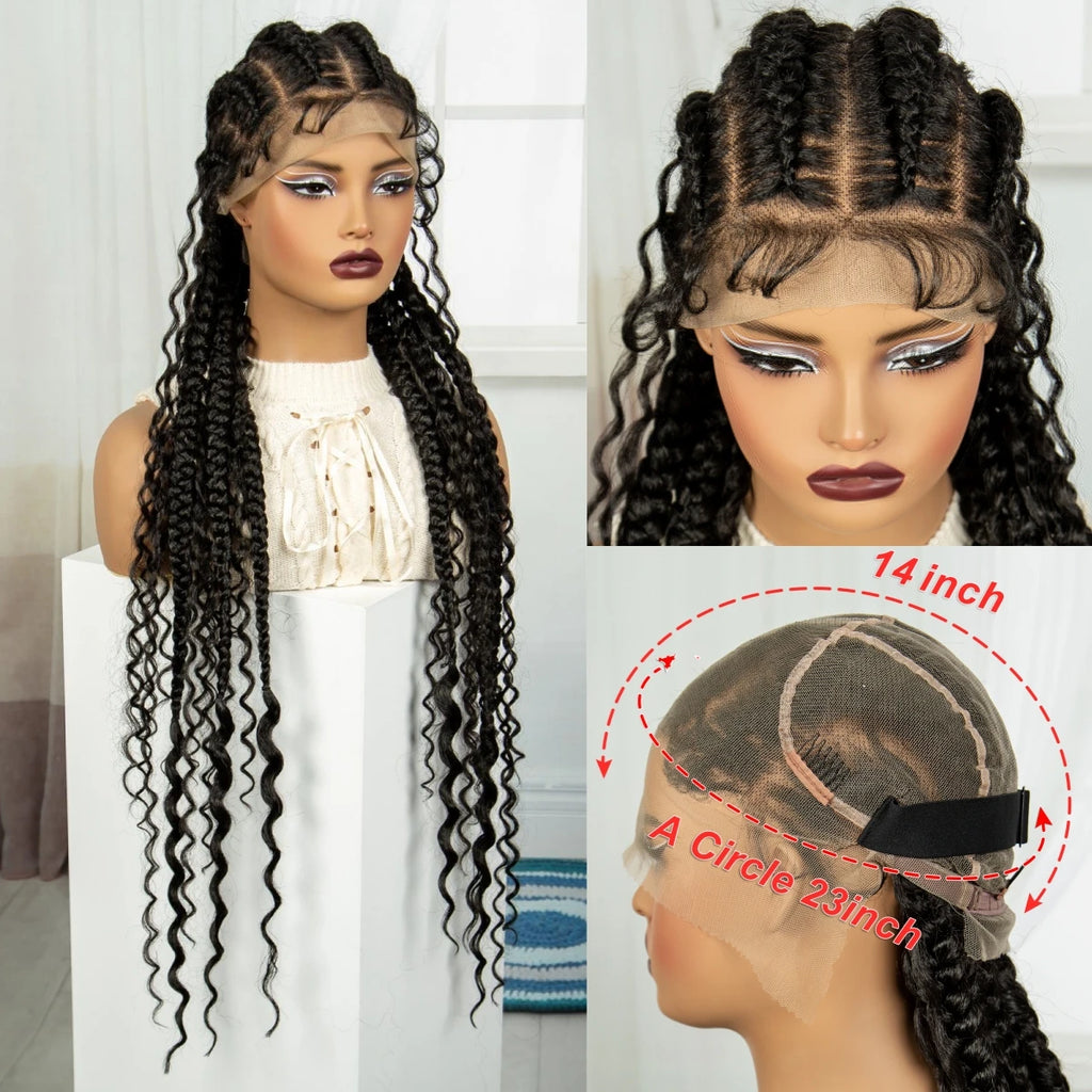 34Inch Cornrow Braided Wigs with Curly ends Synthetic Full Lace Braids Wigs Lace Frontal Braided Lace Wig for Black Women