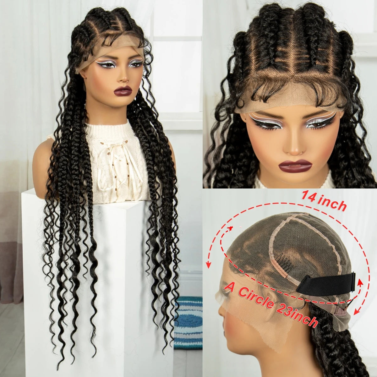 34Inch Cornrow Braided Wigs with Curly ends Synthetic Full Lace Braids Wigs Lace Frontal Braided Lace Wig for Black Women