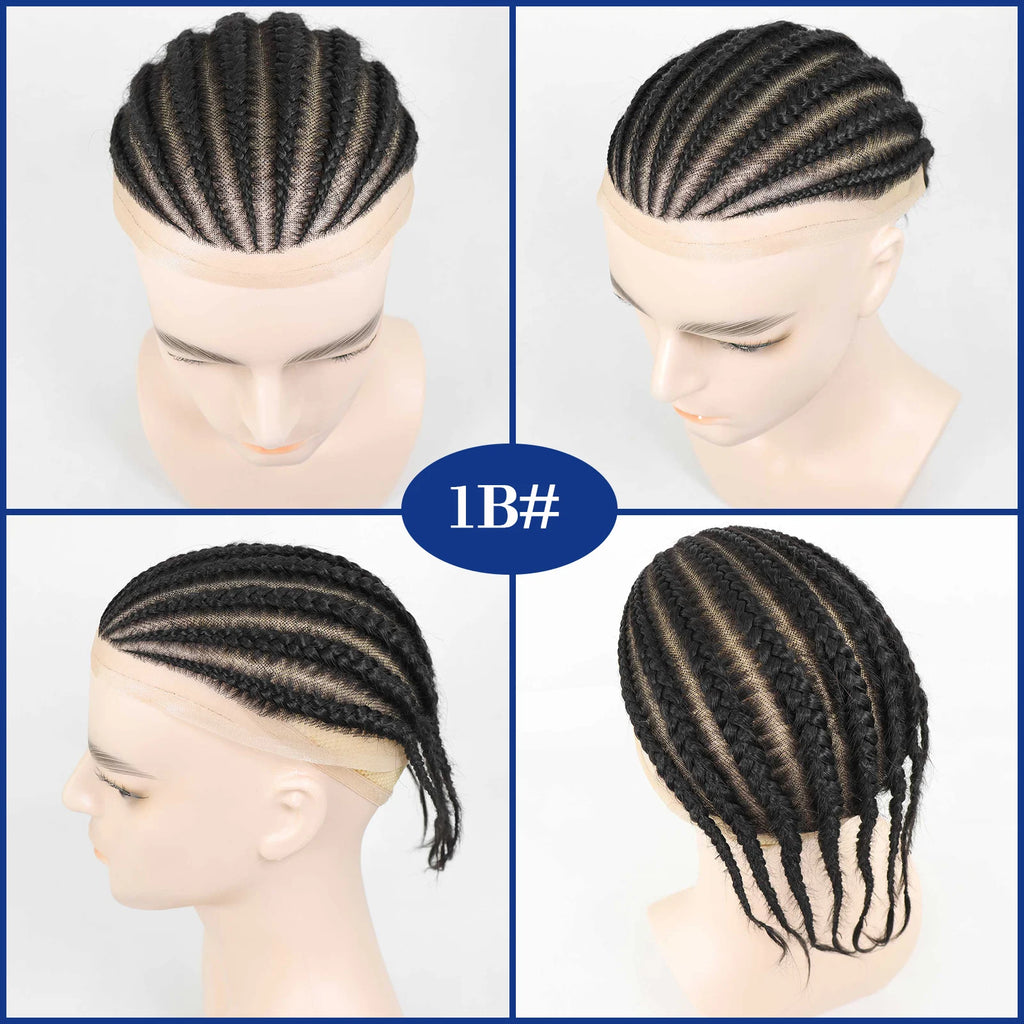 Men's Black Cornrow Box Braided Human Hair Man Toupee Full Lace Male Toupee For Men Afro Cornrow Braids Human Hair Mens Wigs