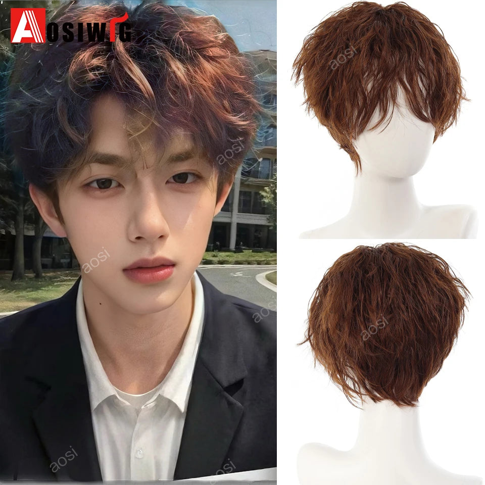 AOSIWIG  Short Curly Cosplay Men Boy Party Light Yellow Synthetic Heat Resistant Hair Wigs Men's Breathable Wig