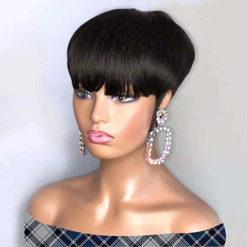 Human Hair Wigs for Women with Bangs 150% Density Straight Hair, Short Pixie Cut Human Hair Wig, Full Machine Made for Daily Wea