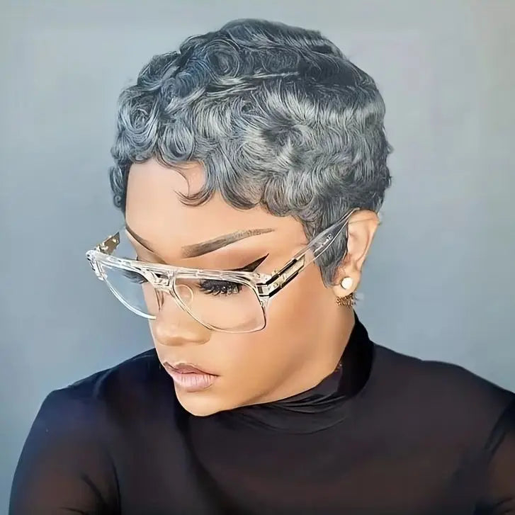 Human Hair Wig 6Inch Natural Grey with Loose Curls180% Density Machine-Made Wig with Rose Net Cap Comfortable Fit for Daily Wear