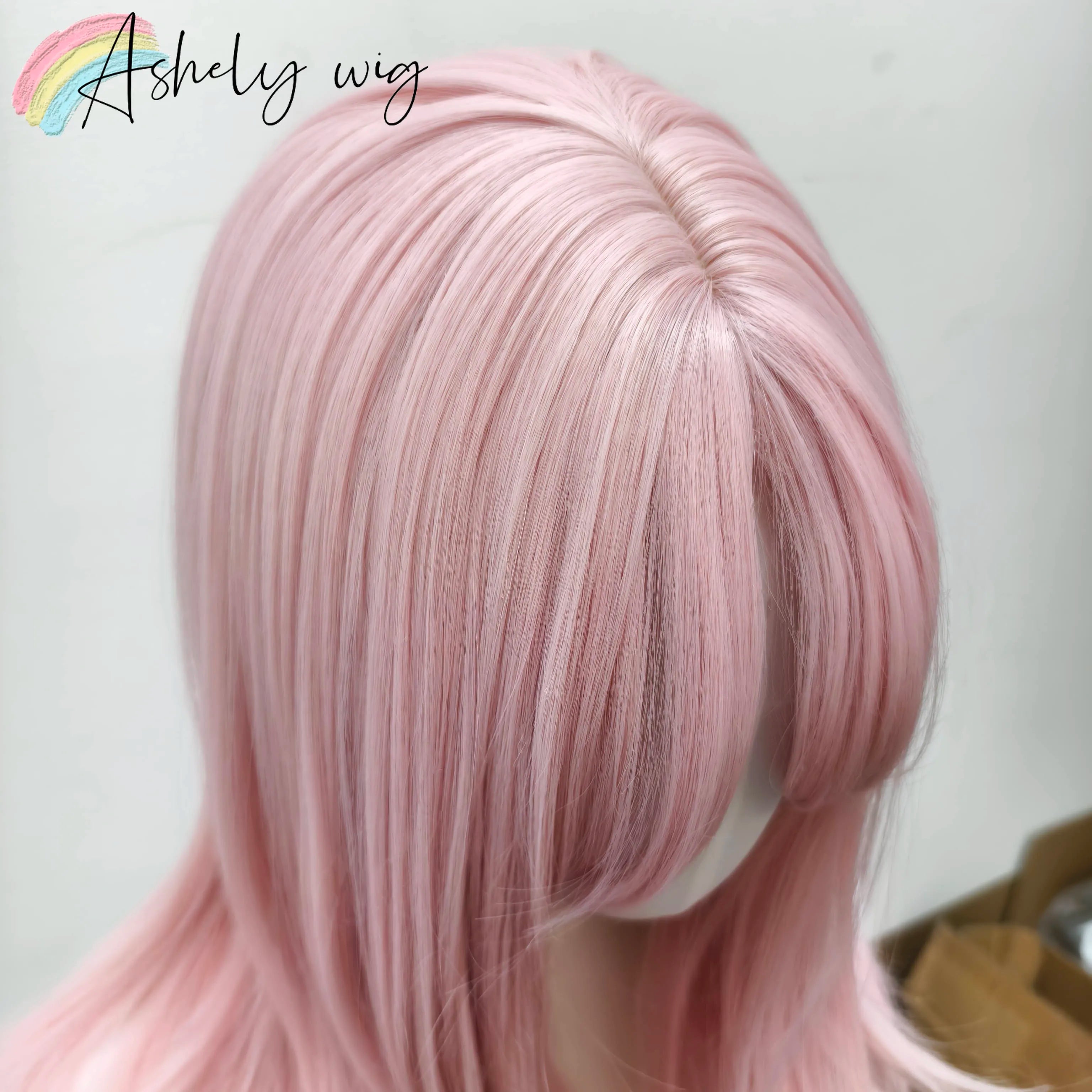 Ashely Pink Wig Lolita Female Headband Body Wavy Rose Hair Models in French Bangs High Level Simulation Hair Wig Synthetic 가발