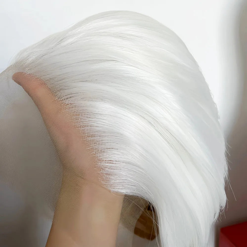 White Wig for Men 6 Inch Short Straight Silver 13*4 Synthetic Lace Front Wigs Heat-resistant Fiber Pelucas for Party Halloween