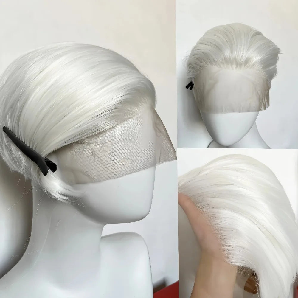 White Wig for Men 6 Inch Short Straight Silver 13*4 Synthetic Lace Front Wigs Heat-resistant Fiber Pelucas for Party Halloween