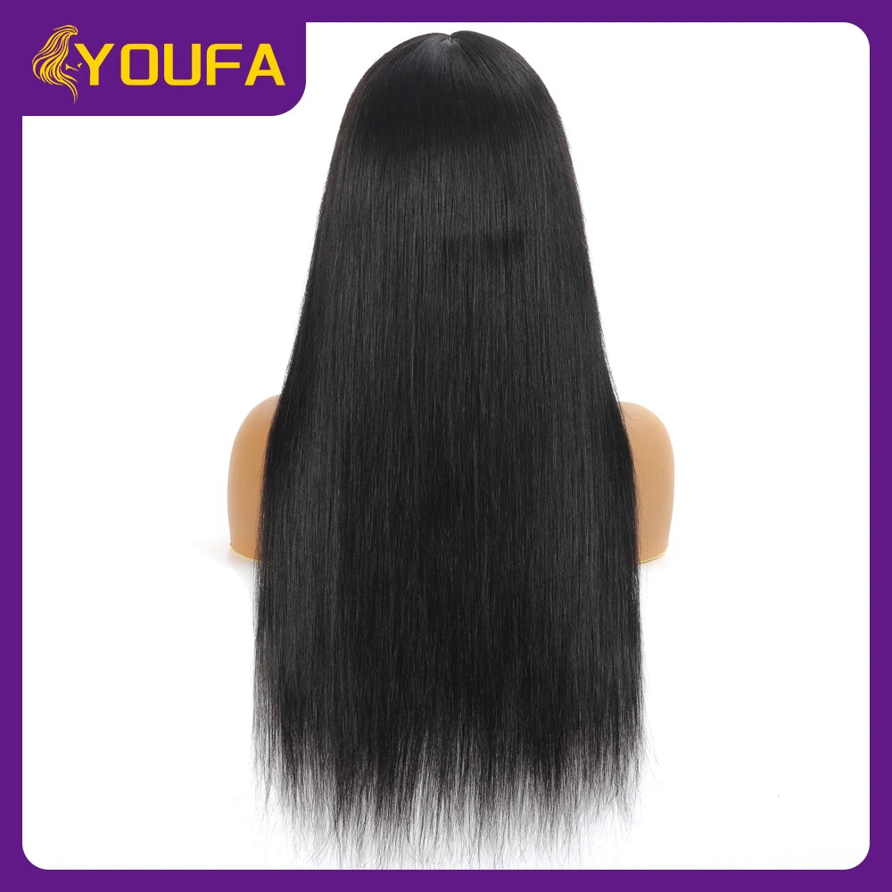 Fake Scalp Bang Human Hair Wigs Raw Indian Straight Human Hair Fringe Wigs Fake Scalp 8-24 Inch 250 Density Human Wigs For Women