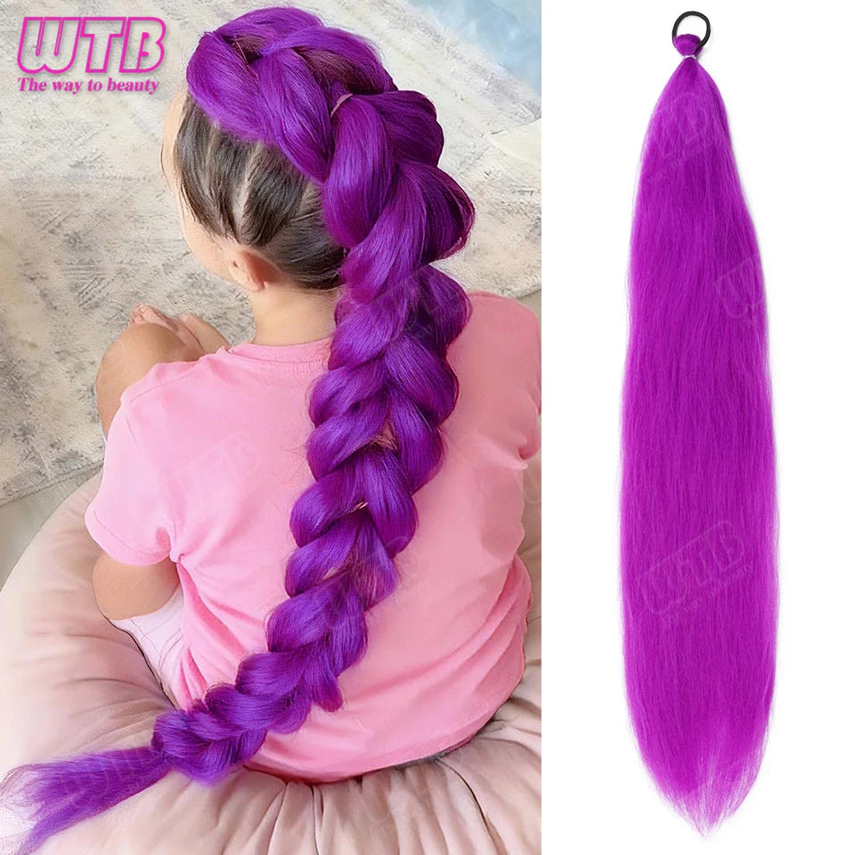 26 inch Purple Braids Ponytail Rubber Band Pre Braiding Hair Synthetic Purple Hair Extensions for Halloween Costume Cosplay