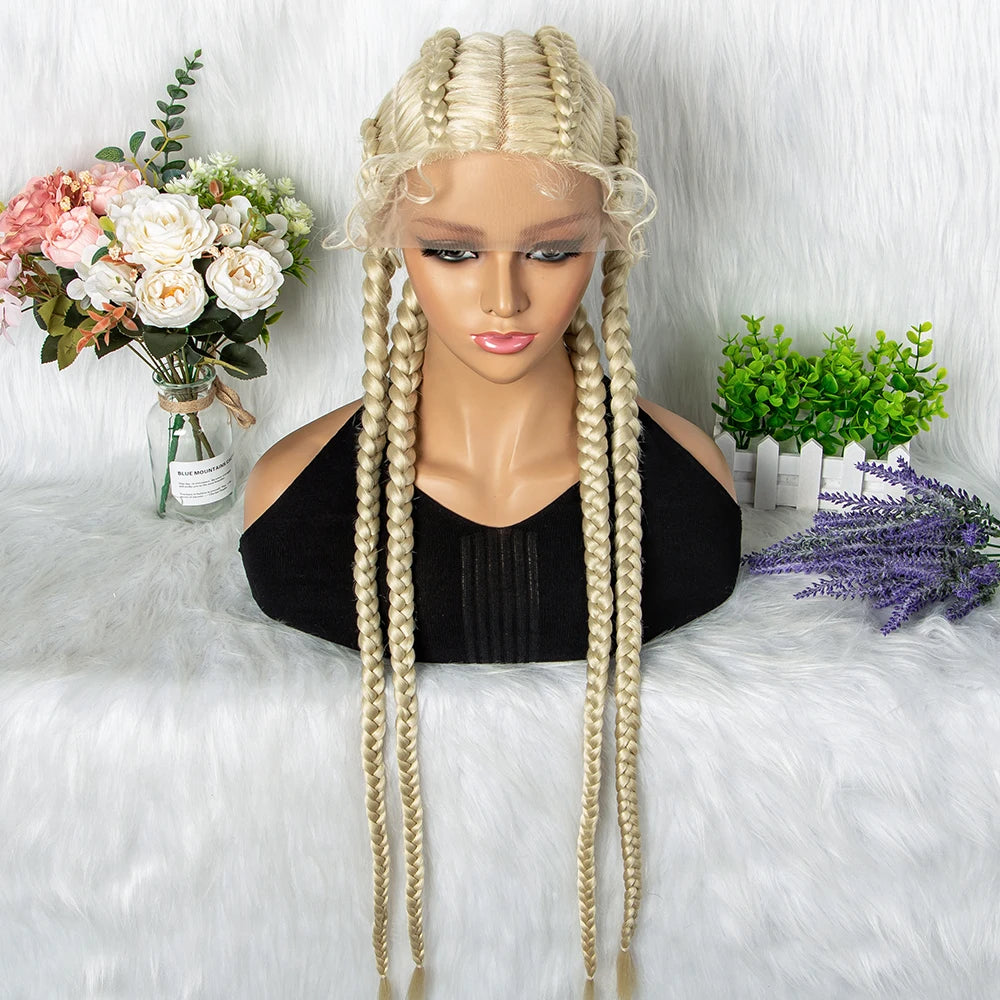 27/613 Color 36 Inches Synthetic Cornrow Braided Wigs for Black Women with Baby Hair Lace Frontal Box Braids Wig Daily Use