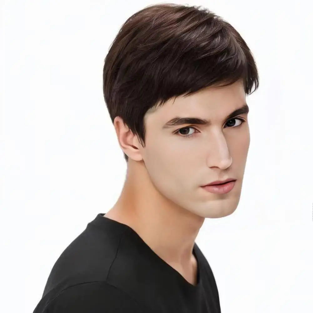 Men's Fashion Wig with Side Swept Bangs - Short Straight Hair Synthetic Full Wig for Men, European Style Ready to Wear