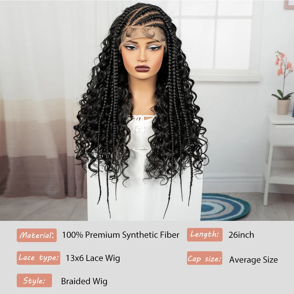 26Inch Cornrow Braided Wigs 13x6 Transparent Lace Front Deep Wave Hair Wigs Synthetic Kinky Curly Brazilian Hair Wigs for Women