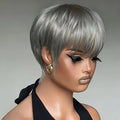 Human Hair Wig - Short 6-Inch Pixie with Gray# Color, 150% Density Natural Look,full machine made wig for Casual Attire & for ha
