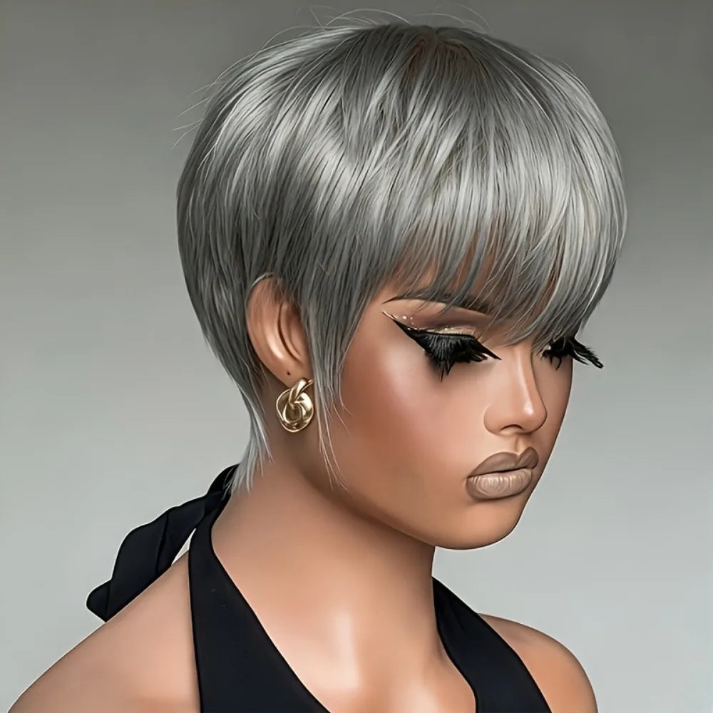 Human Hair Wig - Short 6-Inch Pixie with Gray# Color, 150% Density Natural Look,full machine made wig for Casual Attire & for ha
