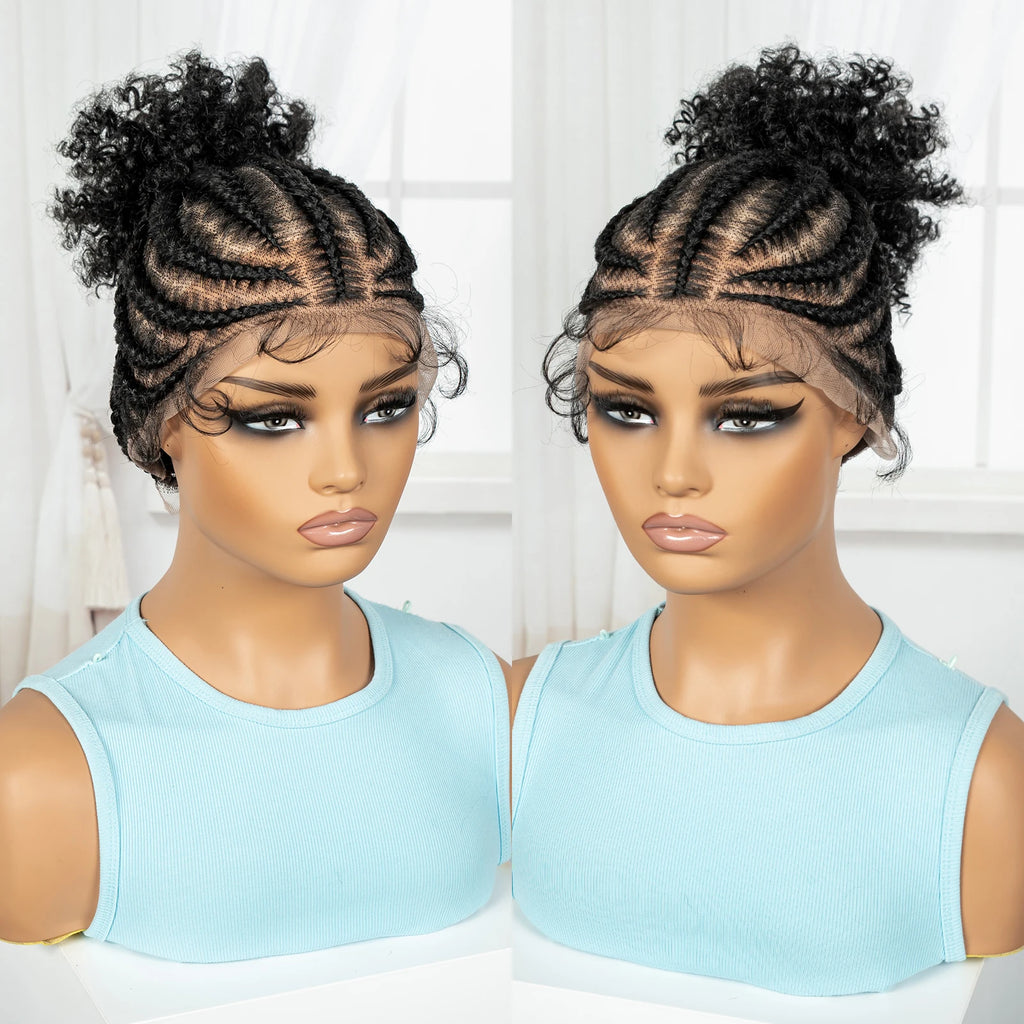 Cornrow Braided Wigs Synthetic Full Lace Braids Wig with Baby Hair Short Afro Curly Knotless Braided Lace Wig for Black Women
