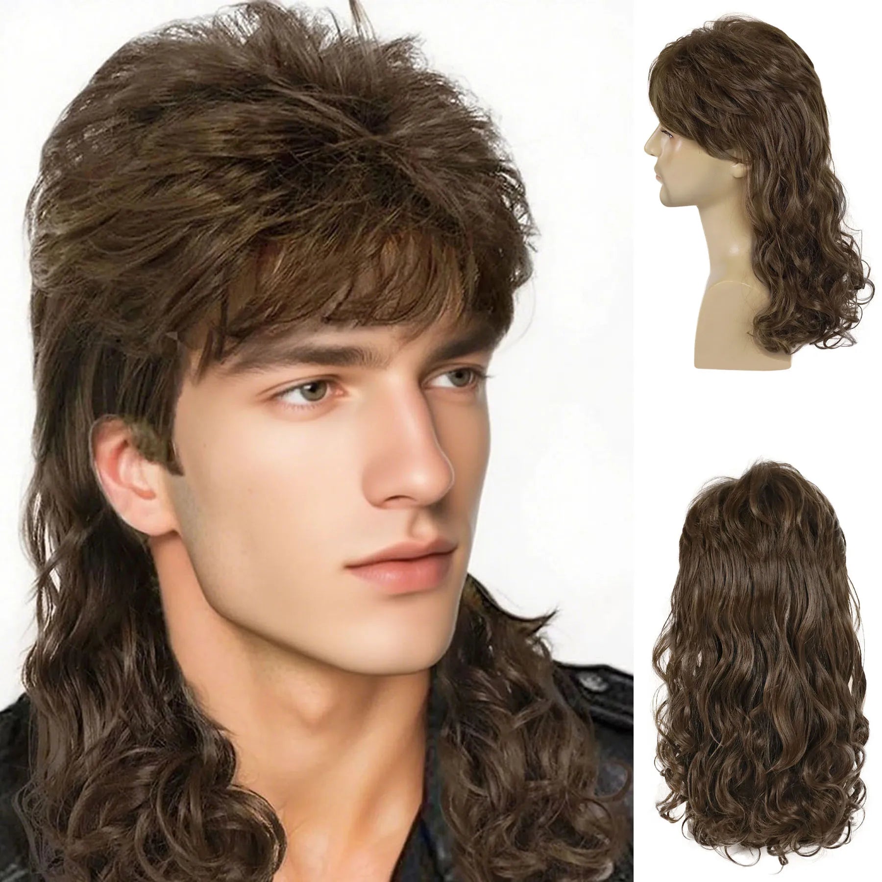 Mullet Wig for Men Synthetic Brown Replacement Wigs 70s Curly Retro Disco Rocker Natural Hair Party Cosplay Costume Man Full Wig
