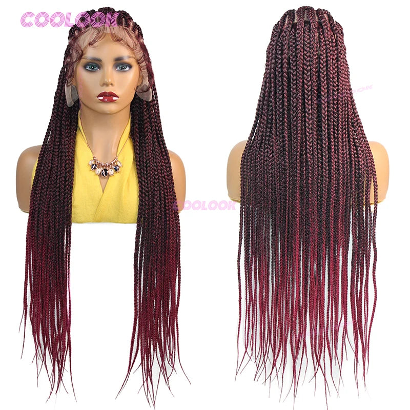 1BBurgundy Cornrow Braids Hair Wigs Synthetic Braided Wigs For Women 36" Knotless Box Braid Wig Full Lace Cornrow Braided Wigs