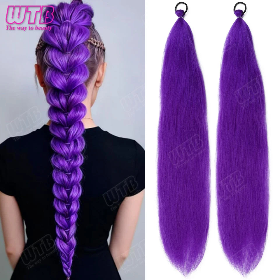 26 inch Purple Braids Ponytail Rubber Band Pre Braiding Hair Synthetic Purple Hair Extensions for Halloween Costume Cosplay