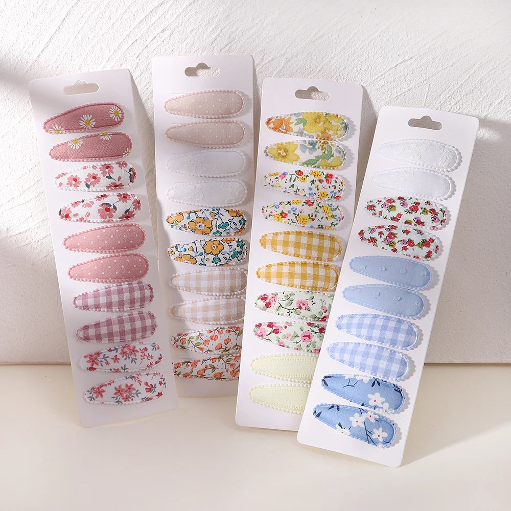 10Pcs/Lot Fresh Print Cotton Alloy Hair Clips for Kids Fabric Plaid BB Hairpins Girl Hairgripe Headwear Baby Hair Accessories