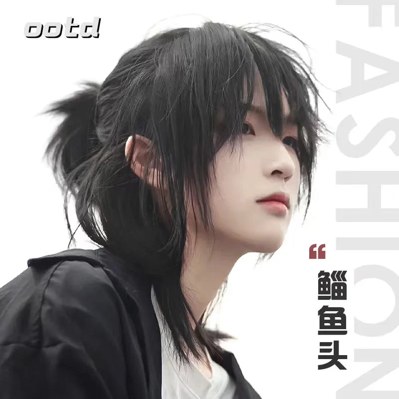 Short Mullet Head Wigs with Bangs Synthetic Straight Anime Men Black Hair Wig for Daily Party Cosplay