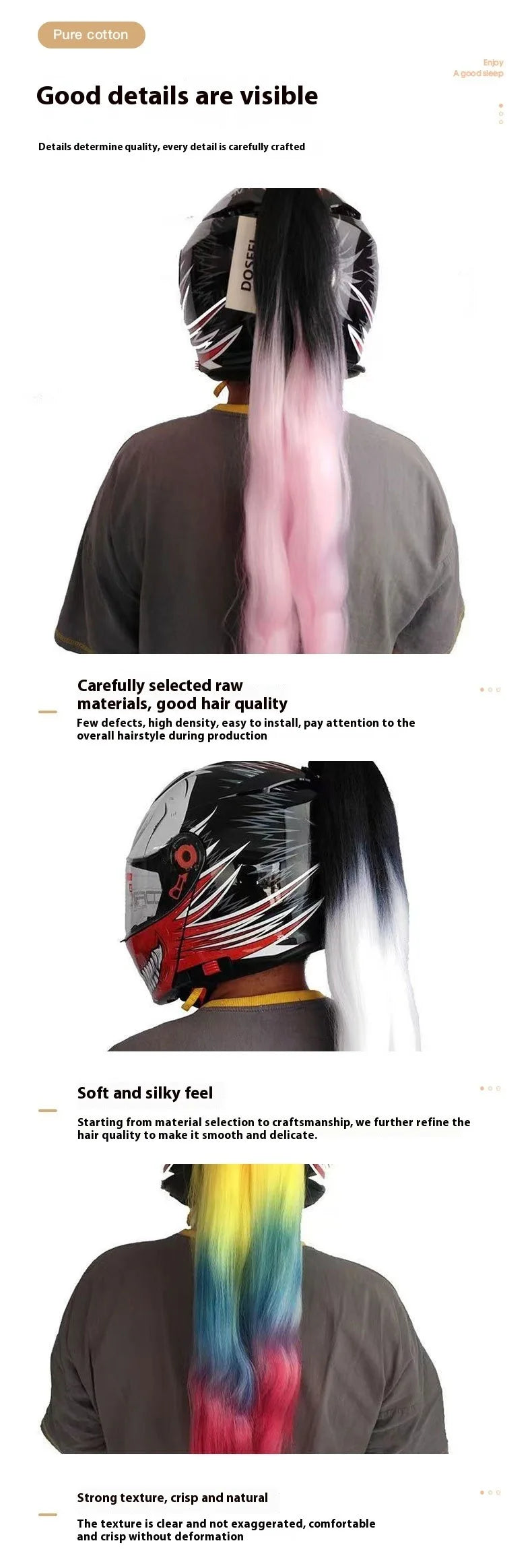 Knight style braided helmet wig - Neutral ponytail accessory for motorcycle, skiing, and bicycle helmets - Role playing
