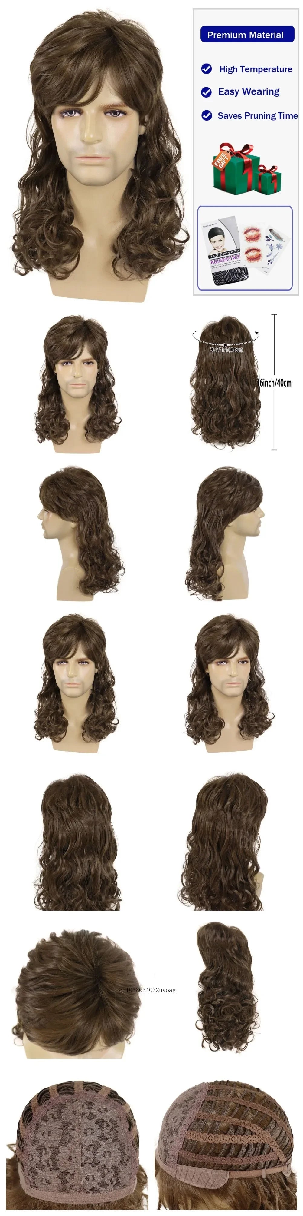 Men's Wigs 70s 80s Synthetic Wig for Men Brown Wavy Curly Mullet Wig with Bangs Halloween Costume Theme Party Wig Heat Resistant