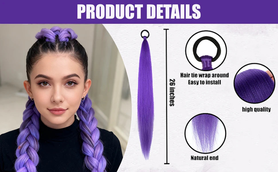 2PC Synthetic Purple Ponytail Extension with Rubber Band Long Straight DIY Braided Pony Tail Hairpiece Women Hair Accessories