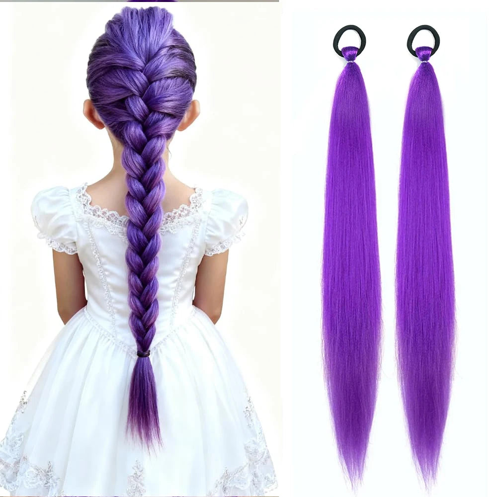 2PC Synthetic Purple Ponytail Extension with Rubber Band Long Straight DIY Braided Pony Tail Hairpiece Women Hair Accessories