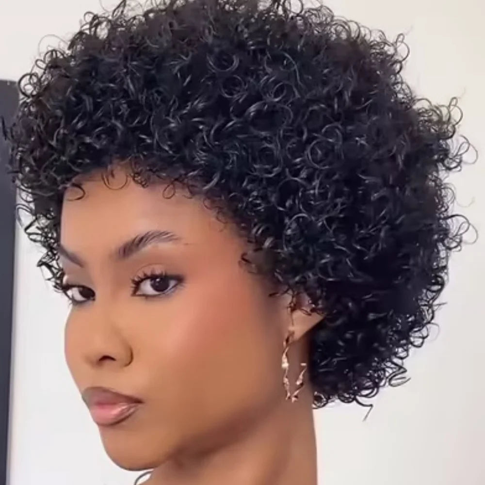 Human Hair Wig Short Curly Pixie Cut with Bangs for  Women Human Hair Machine Made