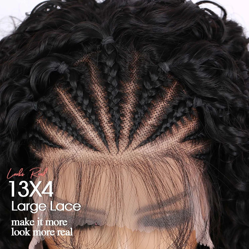 Cornrow Braided Wig with Curly Hair for Black Women 13X4 Synthetic Lace Frontal Handmade Braided Curly Bob Wigs with Baby Hair