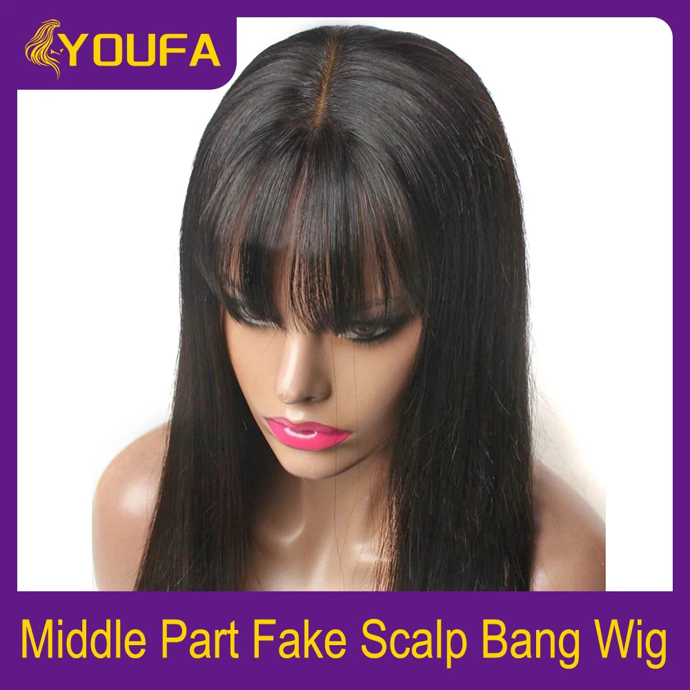 Fake Scalp Bang Human Hair Wigs Raw Indian Straight Human Hair Fringe Wigs Fake Scalp 8-24 Inch 250 Density Human Wigs For Women