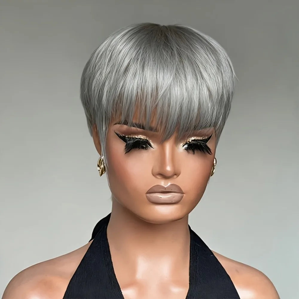 Human Hair Wig - Short 6-Inch Pixie with Gray# Color, 150% Density Natural Look,full machine made wig for Casual Attire & for ha